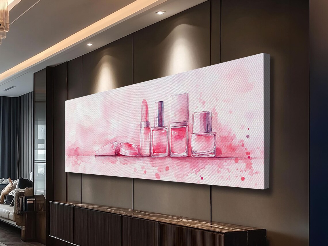 Pink Watercolor Makeup Lipstick Nail Polish Vanity Wall Art Poster - Image 4