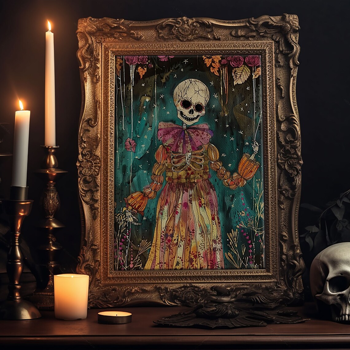 Day Of Dead Skeleton Orange Floral Gown Halloween Art Poster - Image 6