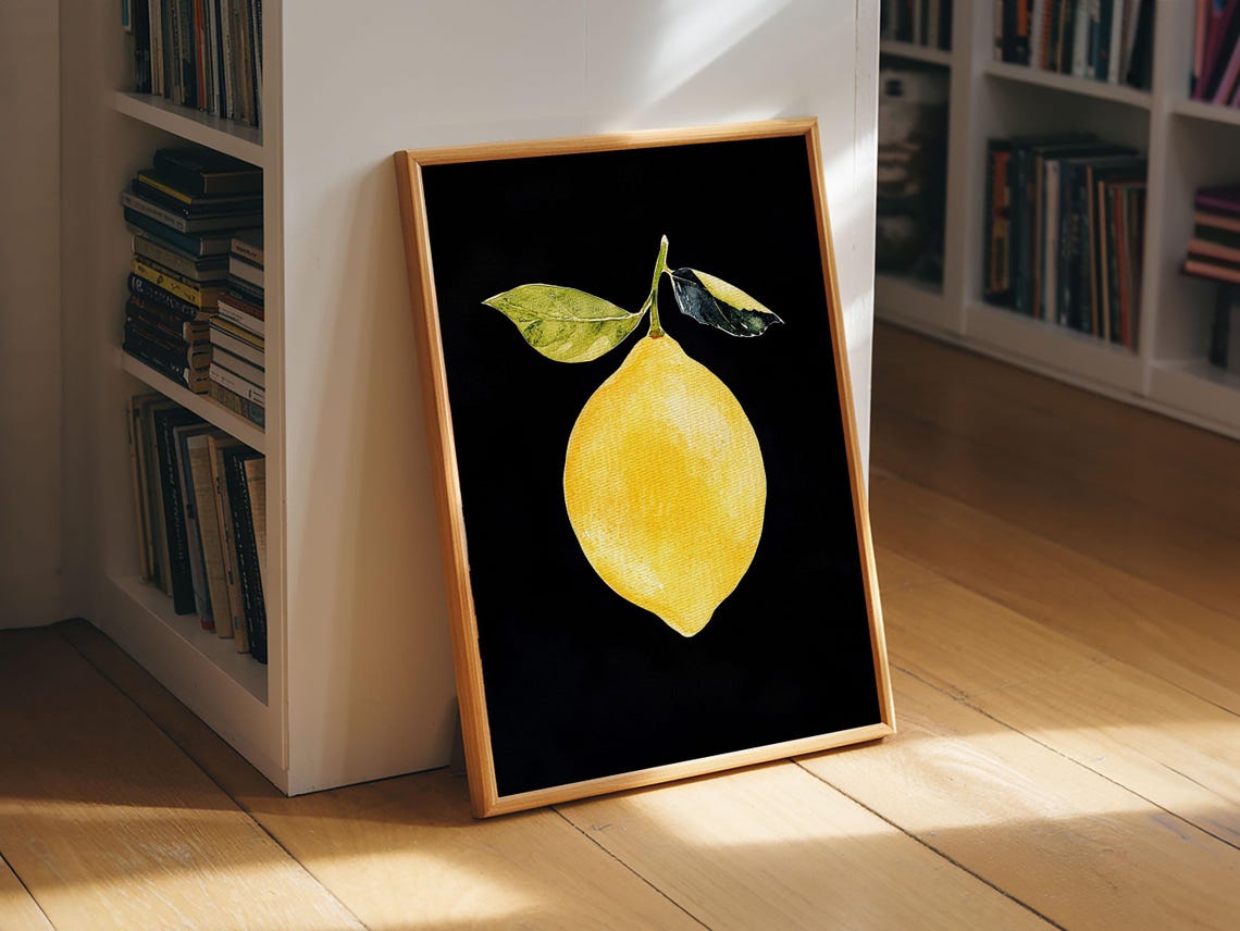 Single Yellow Lemon On Black Botanical Minimalist Fruit Print - Image 5