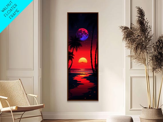 Moonlit Tropical Landscape Midcentury Modern Art Framed Print Boho Art Skinny Art Living Room Art Bedroom Decor Beach