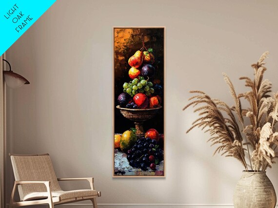 Still Life Oil Painting Print Of Fruit Kitchen Decor Kitchen Wall Art Grapes Painting Skinny Art Skinny Vertical Art Tall Skinny Art