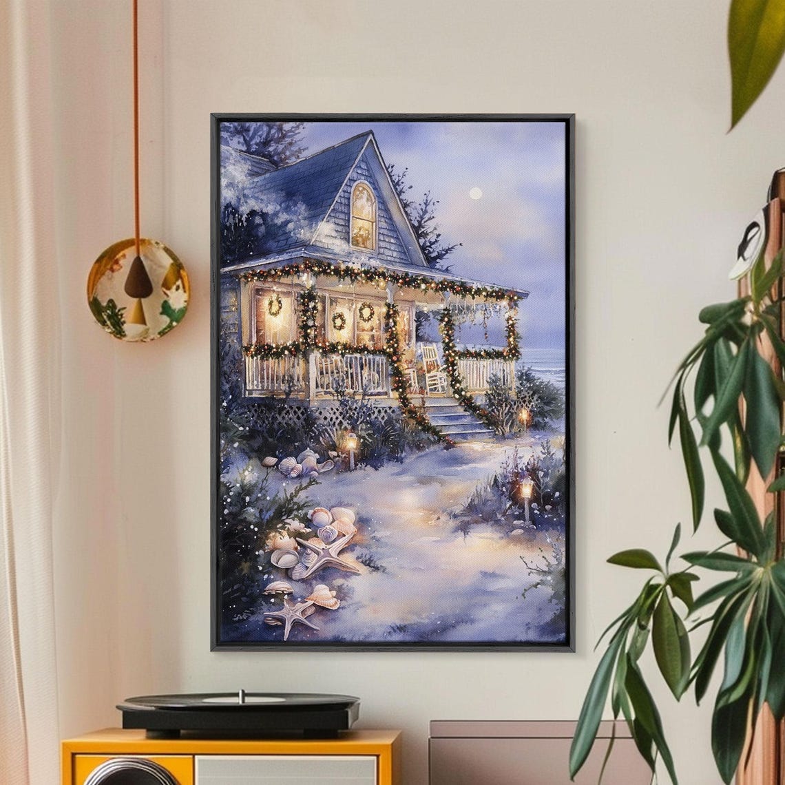 Moonlit Beach Cottage Christmas Lights Over Ocean Night Poster - Image 2