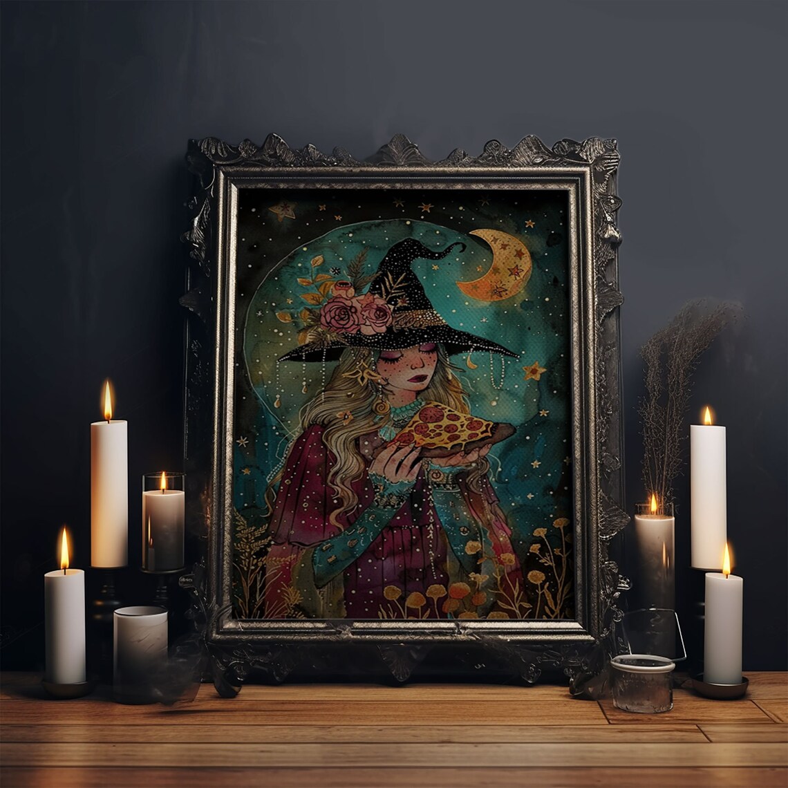 Cute Witch Eating Pizza Moonlit Starry Night Watercolor Art Poster - Image 6