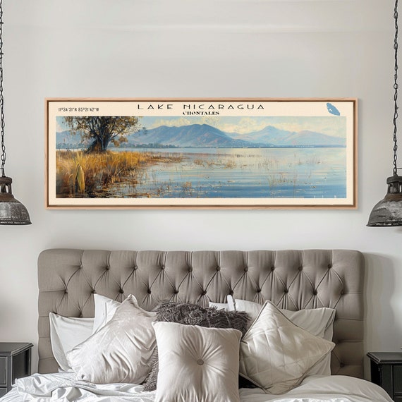Lake Nicaragua Framed Print Lake House Decor Panoramic Wall Art Travel Poster Serene Landscape Painting Rustic Art