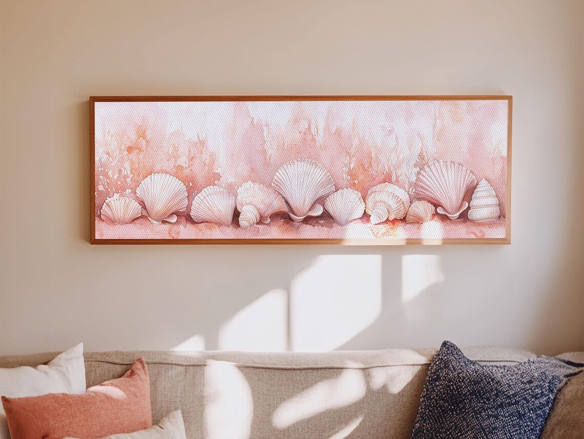 Blush Pink Seashells Row Watercolor Coastal Beach Panoramic Canvas Art Poster - Image 5