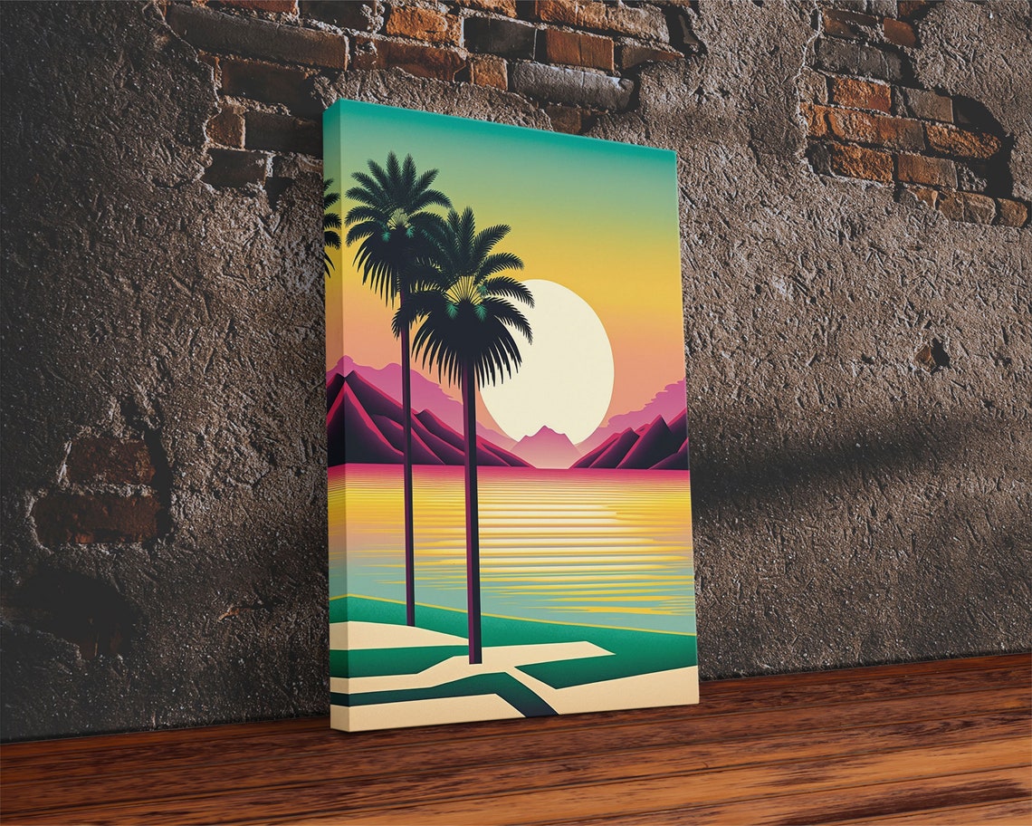 Art Deco Tropical Sunset Palm Trees Giant Sun Geometric Beach Poster - Image 2