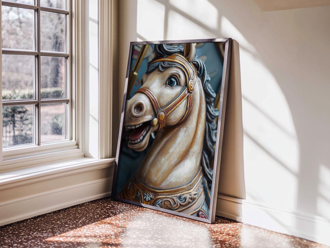 Vintage Carousel Horse Head Eerie Carnival Painting Art Print - Image 4
