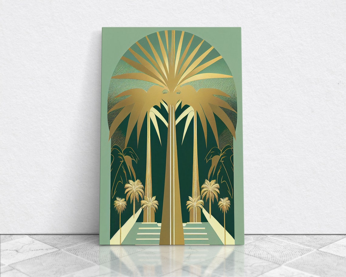 Boho Modern Frank Lloyd Wright Inspired Art Deco Print Emerald Green And Gold Palm Tree Wall Decor Wall Art Original Mcm Art