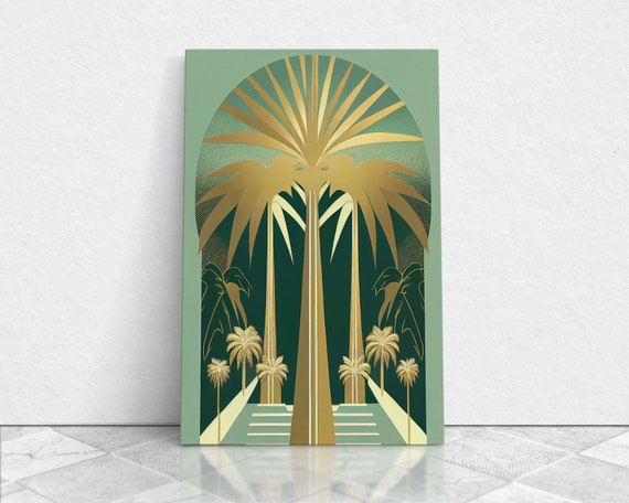 Boho Modern Frank Lloyd Wright Inspired Art Deco Print Emerald Green And Gold Palm Tree Wall Decor Wall Art Original Mcm Art
