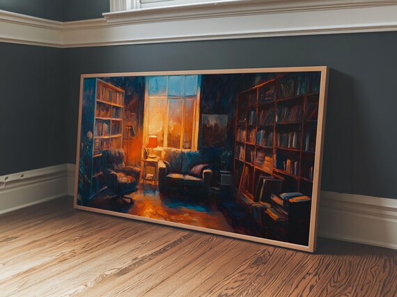 Cozy Library Interior Bookshelves Armchair Warm Light Study Art Poster