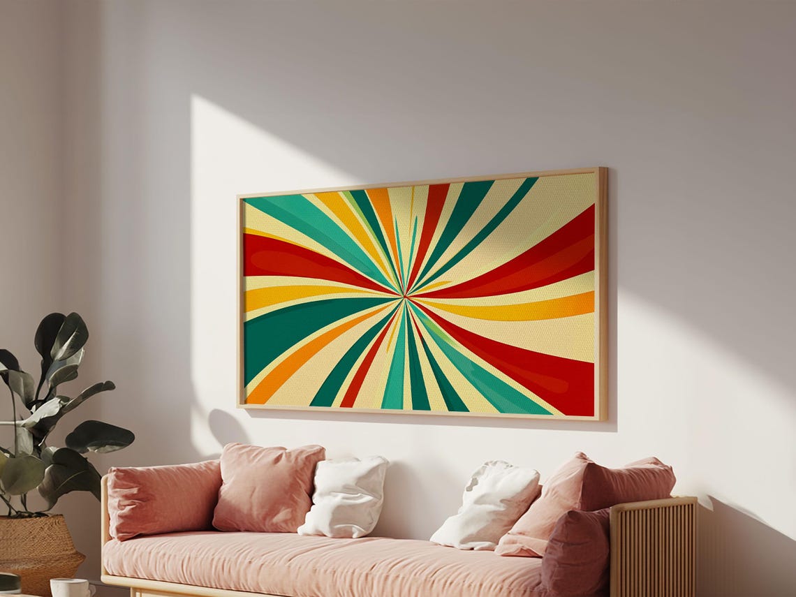 Retro Psychedelic Starburst Sun Rays Teal Red Yellow Atomic Print - Image 5