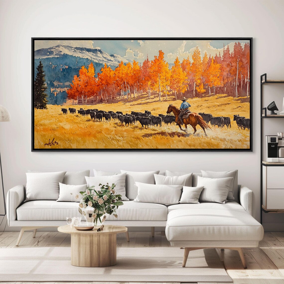 Cowboy Herding Cattle Under Mountains, Western Art Print - Image 6