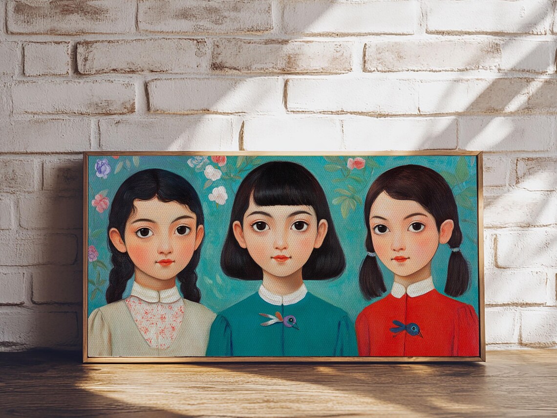 Three Girls Floral Portrait Whimsical Sisters Painting Wall Poster - Image 5
