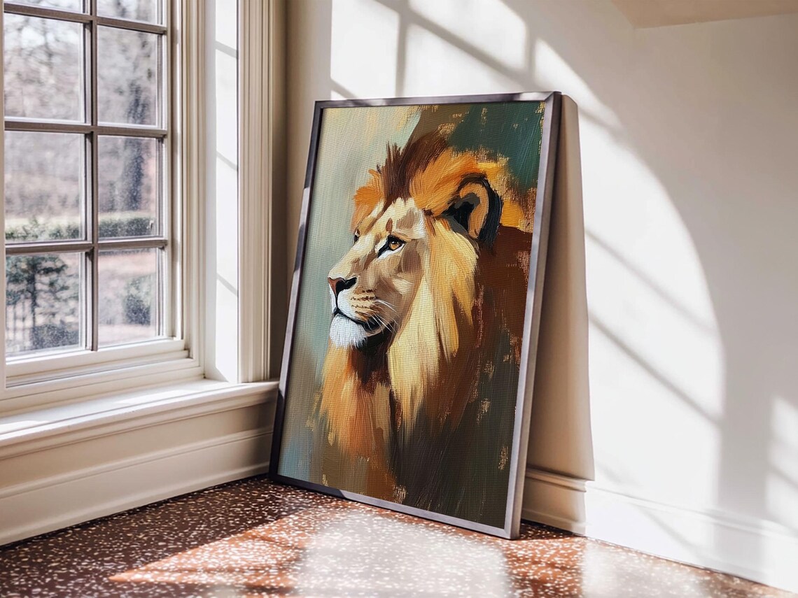 Golden Lion Profile Oil Painting Majestic Wild Animal Portrait Poster - Image 4