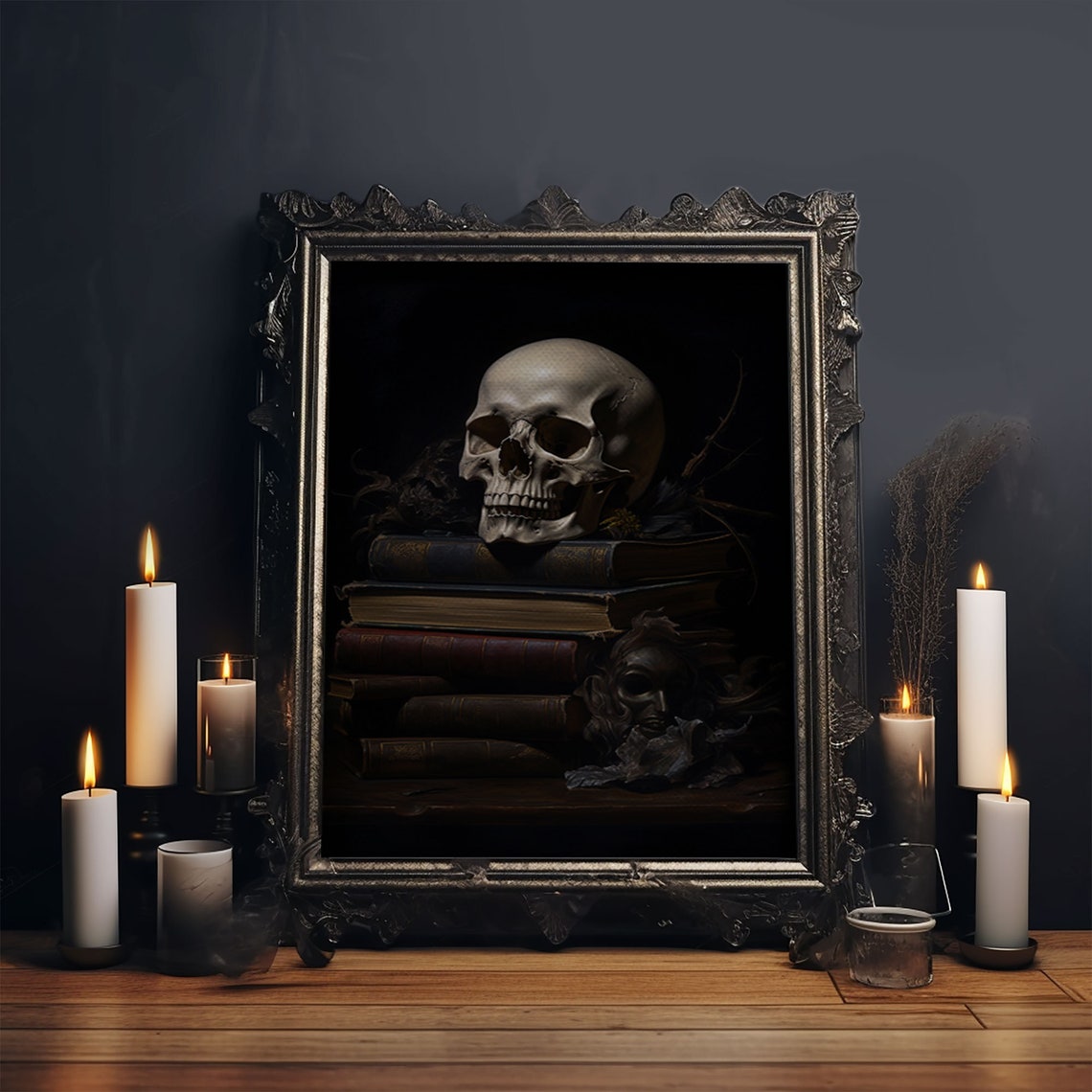 Witch Library Skull On Old Books Dark Candlelit Gothic Art Poster - Image 4