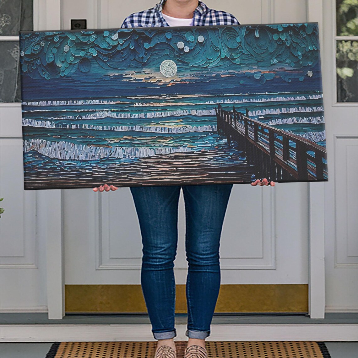 Full Moon Ocean Waves Wooden Pier Starry Night Impasto Seascape Poster - Image 4