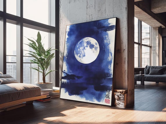 Watercolor Painting Print Of A Full Moon Wood Framed Wall Art Print Moon And Stars Wall Art Vintage Decor Night Sky Wall Art