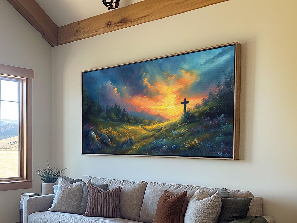 Christian Cross On Hill Sunset Meadow Oil Painting Faith Print - Image 4