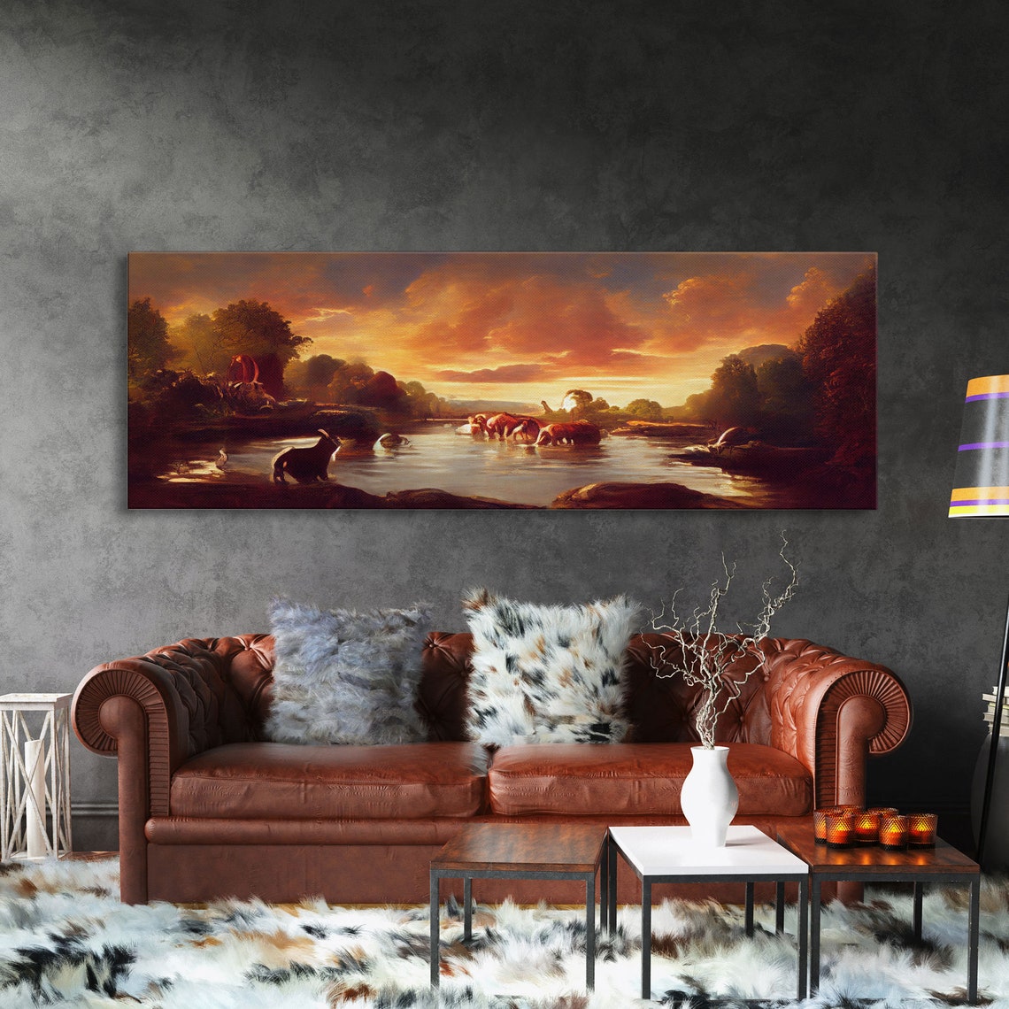 Prehistoric Dinosaur Abstract Landscape Art Ready To Hang Print Panoramic Art Dinosaurs At Sunset - Image 3