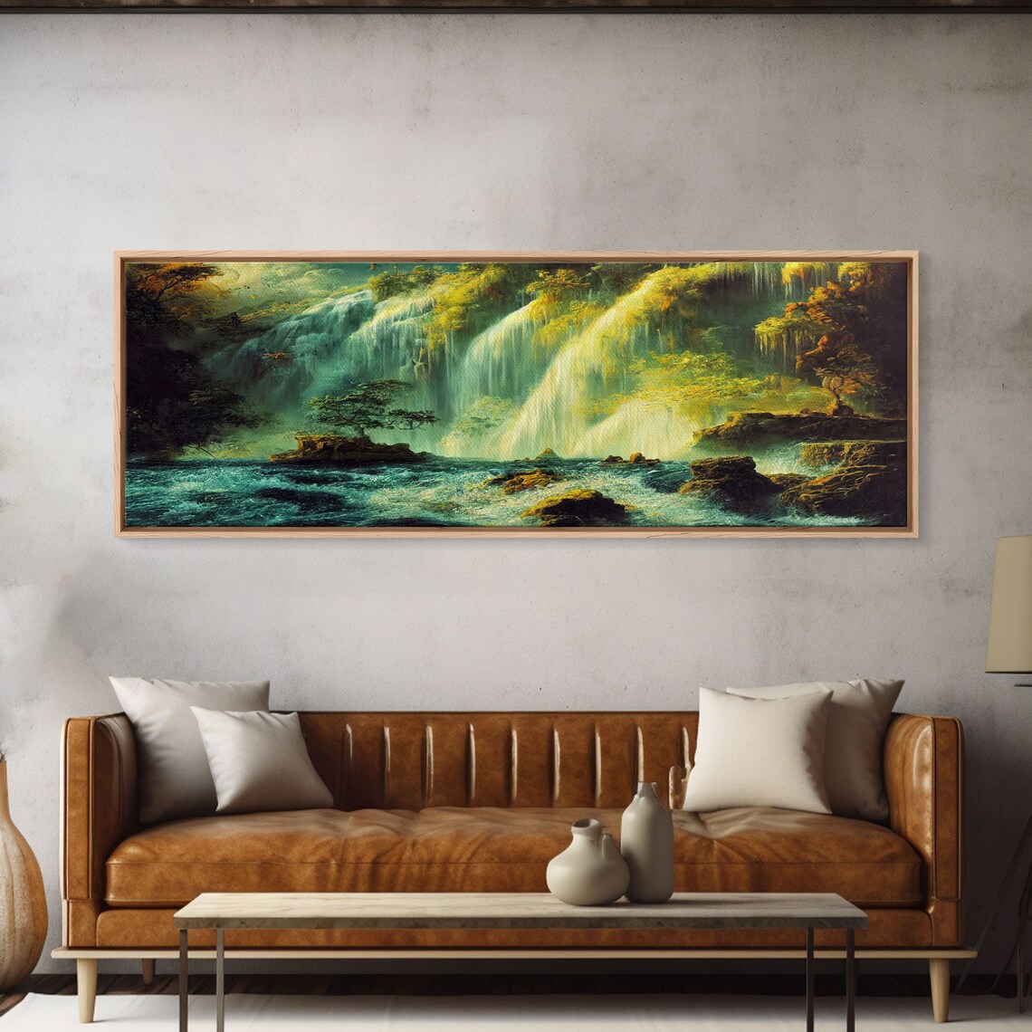 Vintage Forest Waterfall and Mountain Art Print