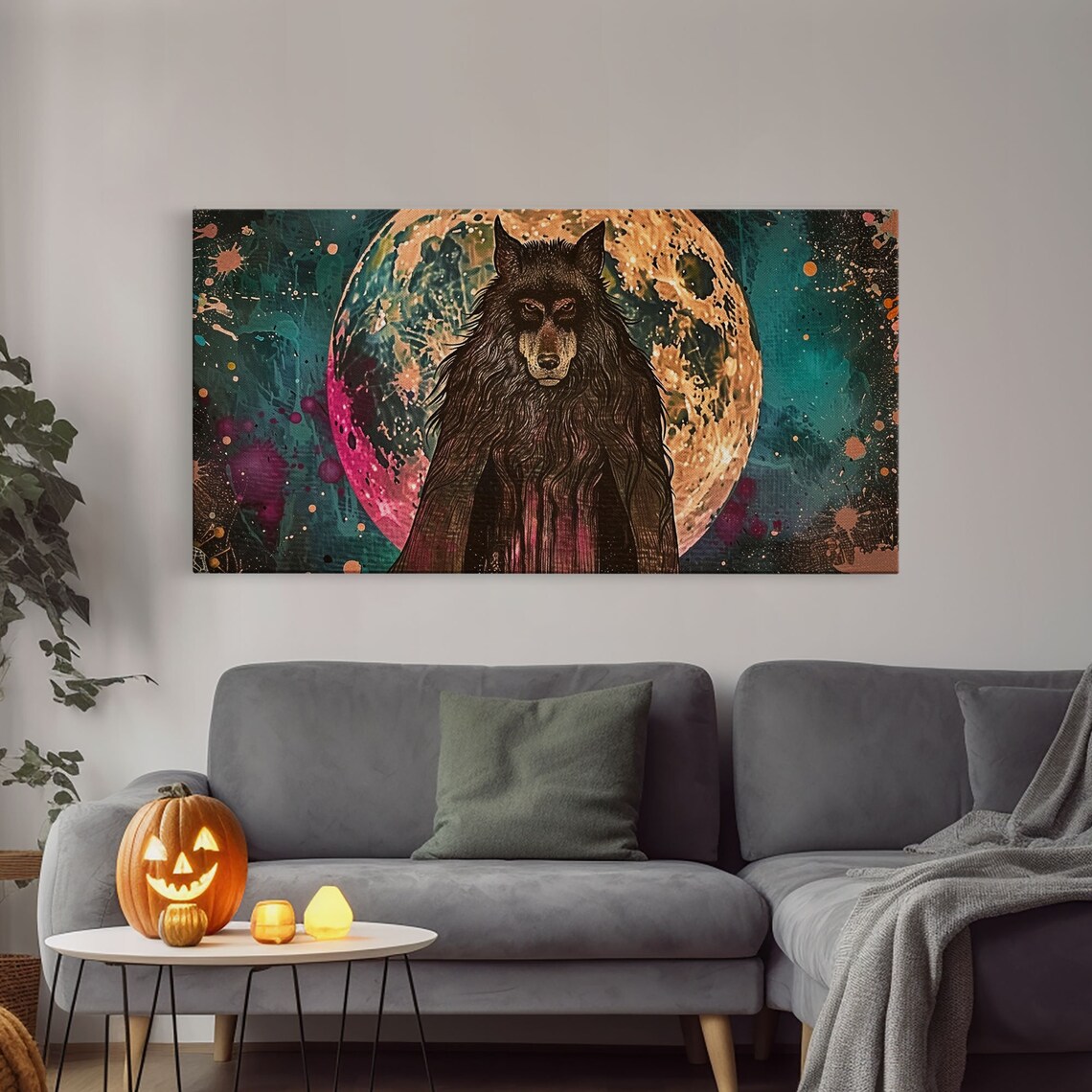 Hooded Werewolf Before Full Moon Colorful Night Sky Halloween Print - Image 4