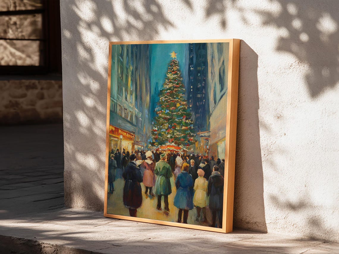 Christmas Tree Lighting Ceremony In City Square Night Crowd Art