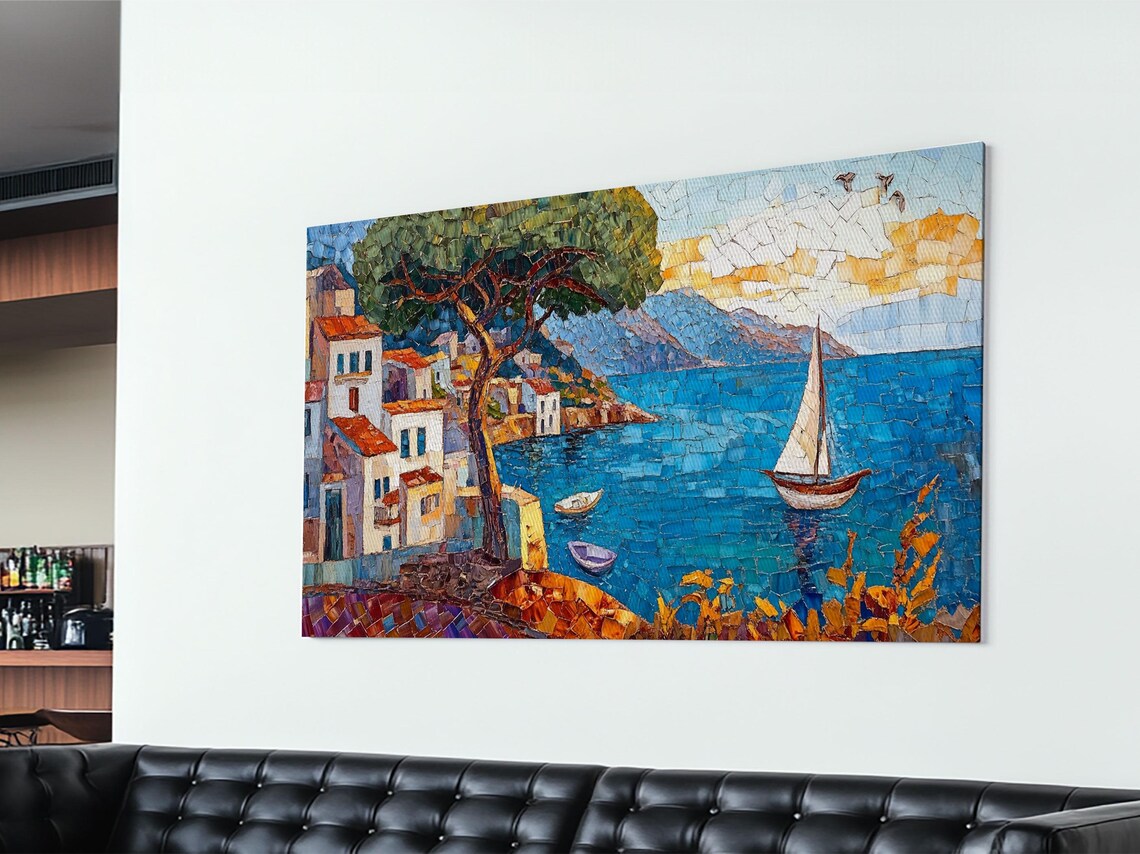 Mediterranean Coastal Village Mosaic Sailboat Blue Sea Travel Poster - Image 4