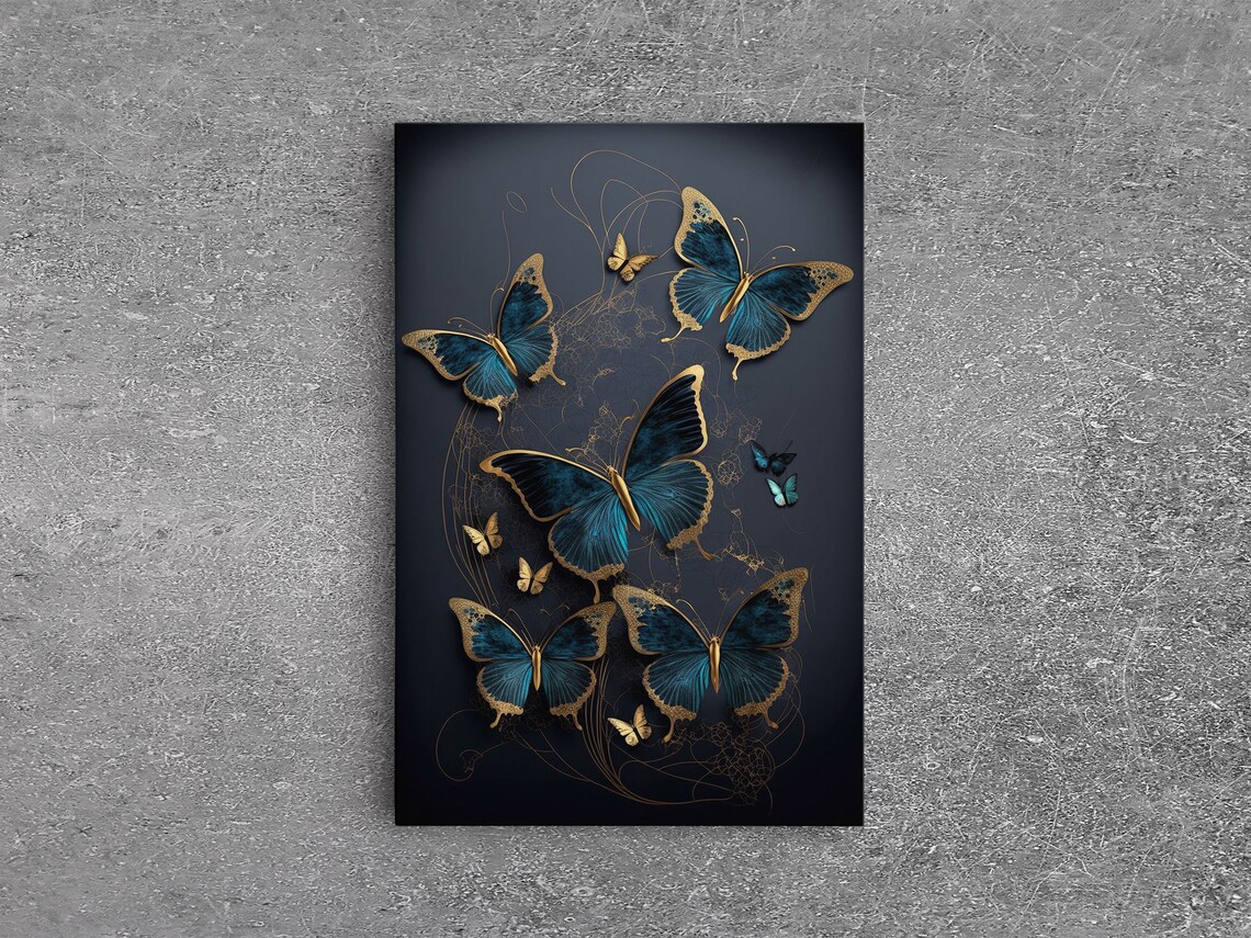 Blue Butterflies, Gold Butterfly Painting Art Print