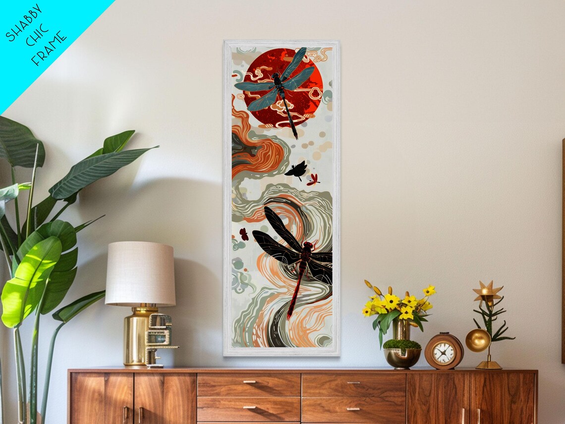 Dragonflies Bold Red Sun Flowing Clouds Japanese Style Tall Vertical Wall Art Poster - Image 6