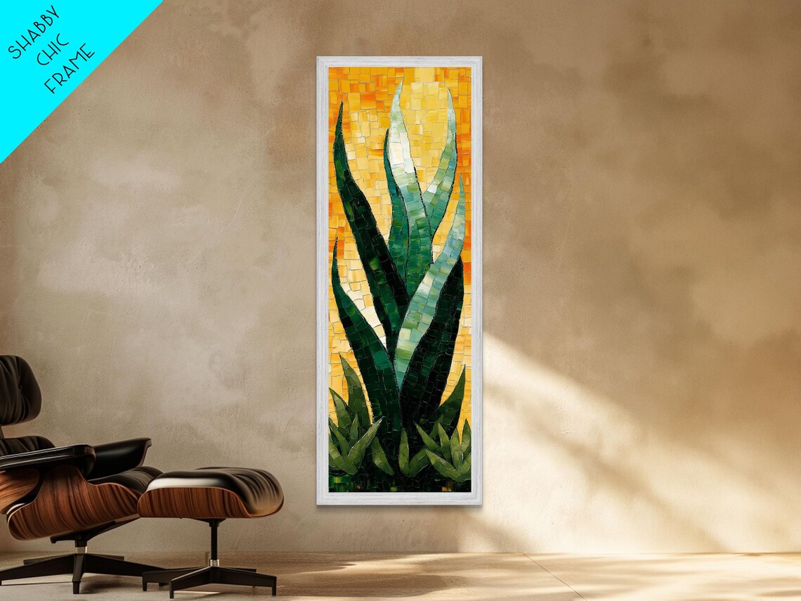 Mosaic Agave Plant Green Leaves On Golden Tile Vertical Art Poster - Image 3