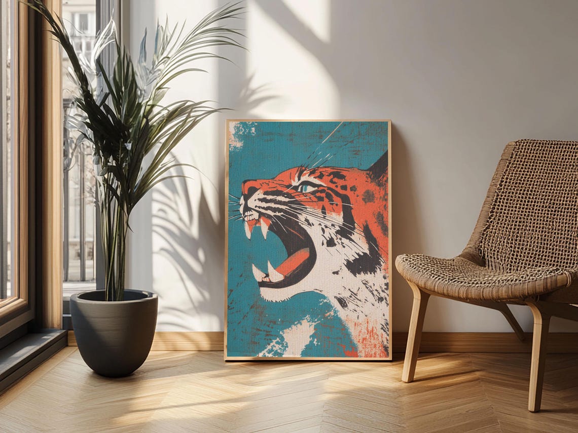 Roaring Tiger Head Bold Orange and Teal Japanese Pop Art Animal Poster