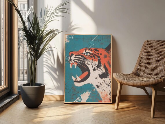 Roaring Tiger Head Bold Orange and Teal Japanese Pop Art Animal Poster