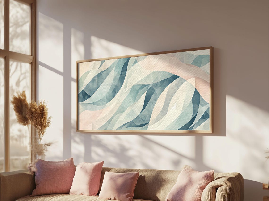 Pastel Blue Pink Abstract Flowing Ribbon Curves Modern Print - Image 6