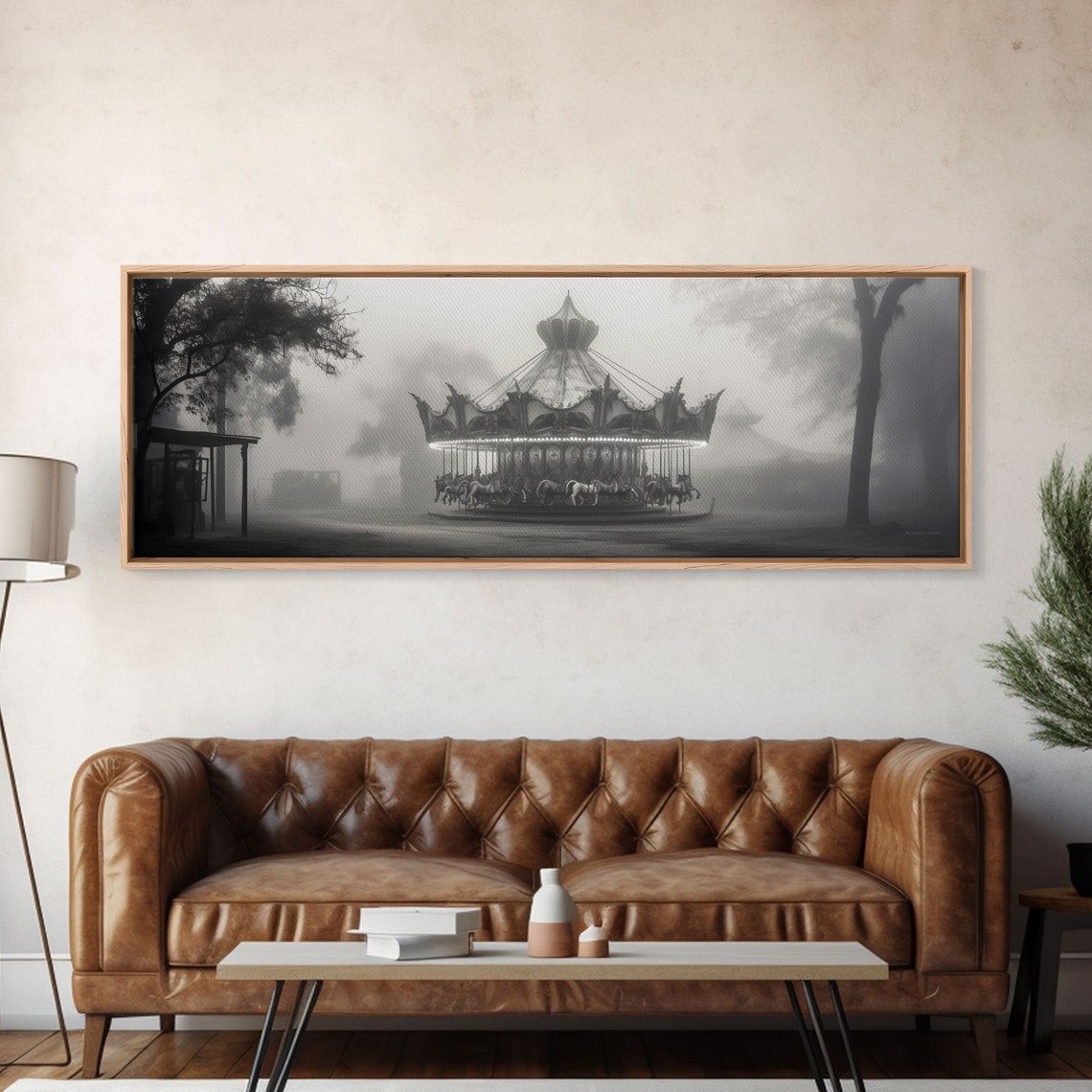 Haunted Carousel In Fog Black And White Spooky Vintage Wall Art - Image 6