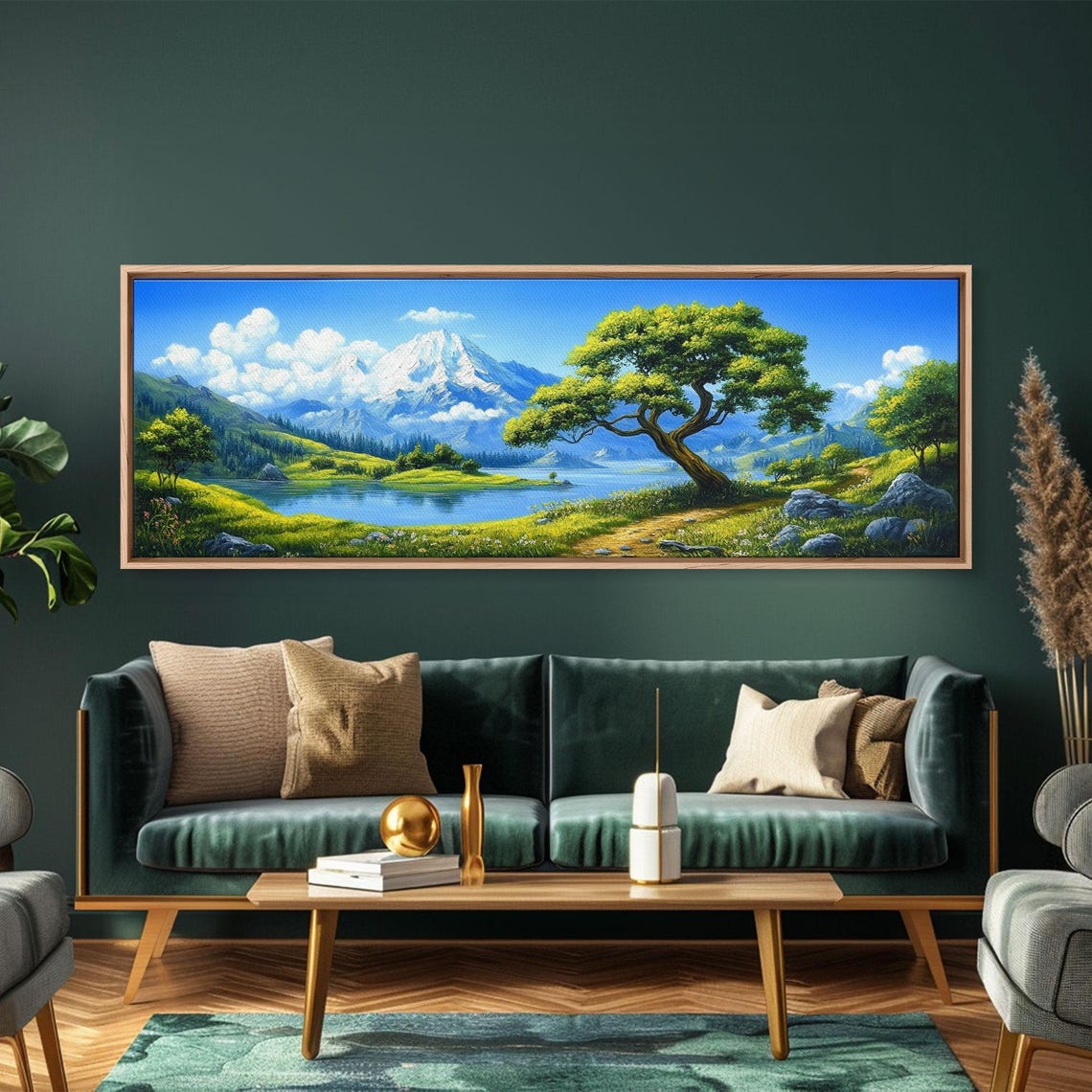 Vivid Green Alpine Lake Snowy Peak Summer Meadow Scenic Poster - Image 3