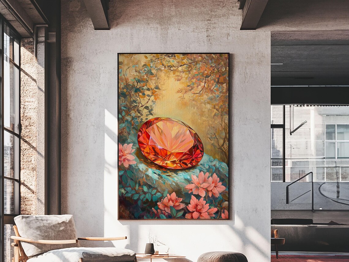 Red Gemstone Crystal Over Floral Garden Fantasy Wall Art Print - Image 6