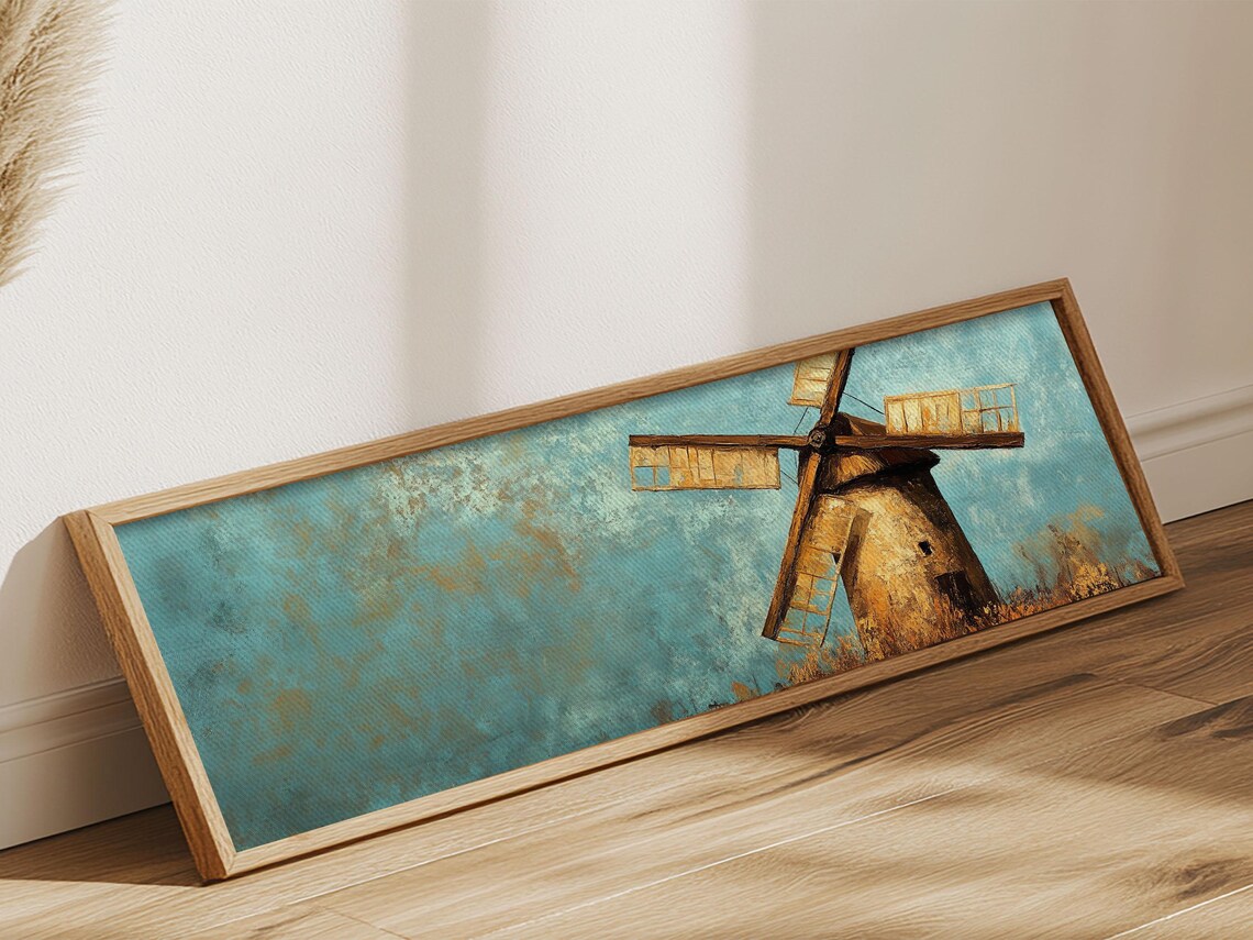 Rustic Stone Windmill Teal Sky Painterly Farmhouse Panoramic Landscape Poster