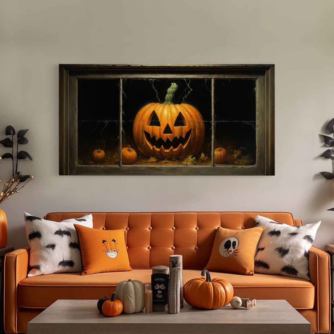 Glowing Jack O Lantern In Dark Window Frame Vintage Halloween Print - Image 4