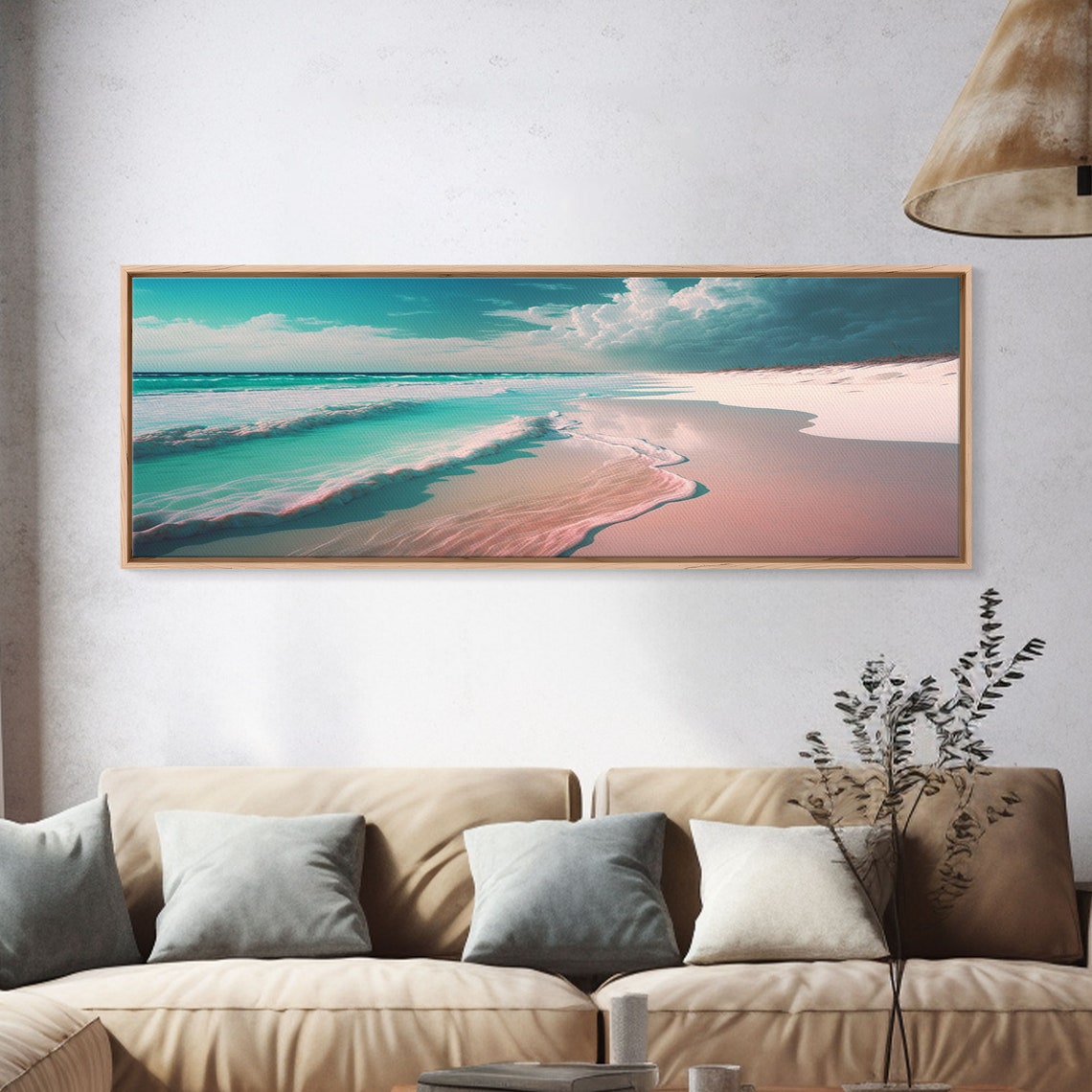 Panoramic Turquoise Ocean Waves Pink Sand Beach Cloudy Sky Wall Poster - Image 4