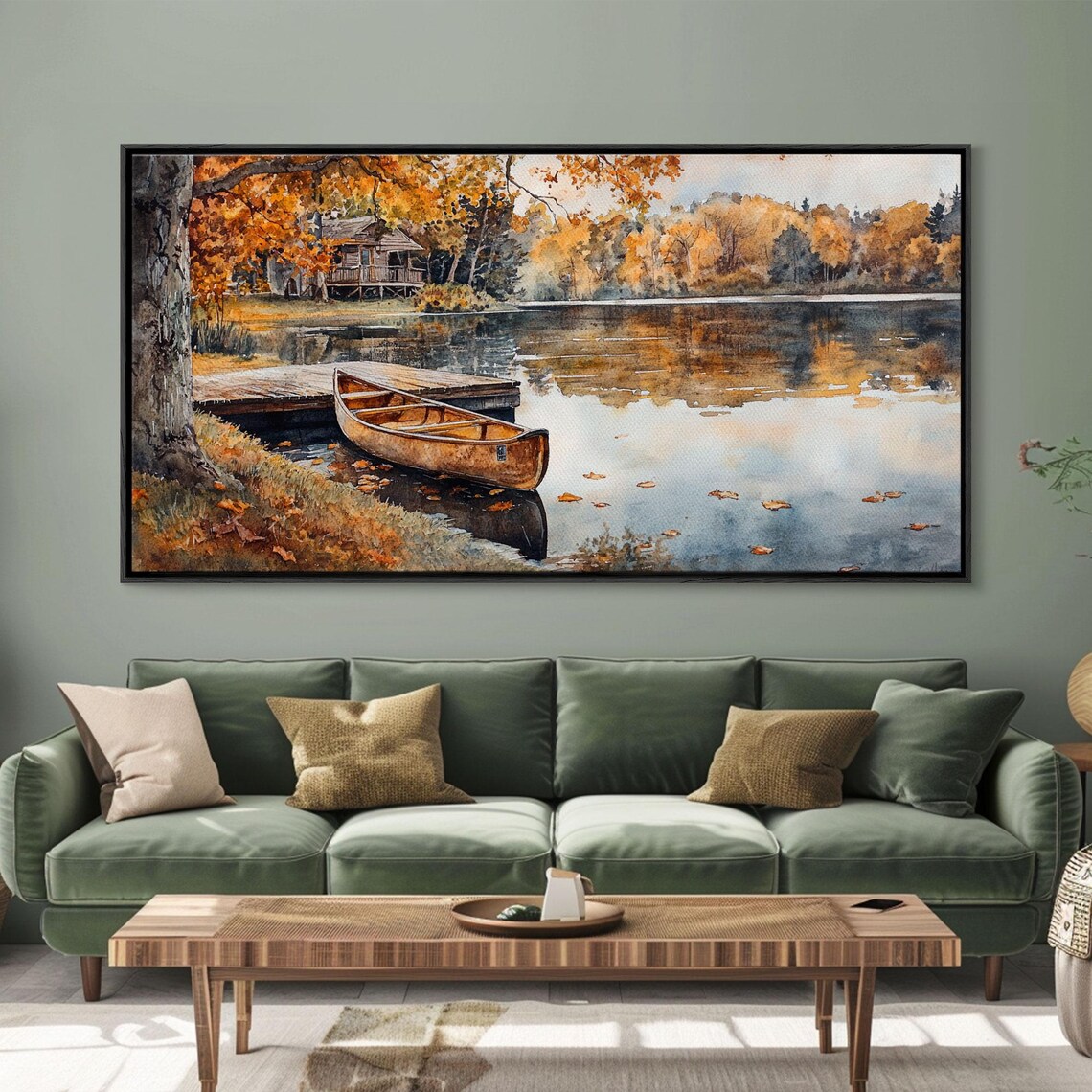 Autumn Canoe On Golden Lake Shore Cabin Woods Watercolor Art Print - Image 4