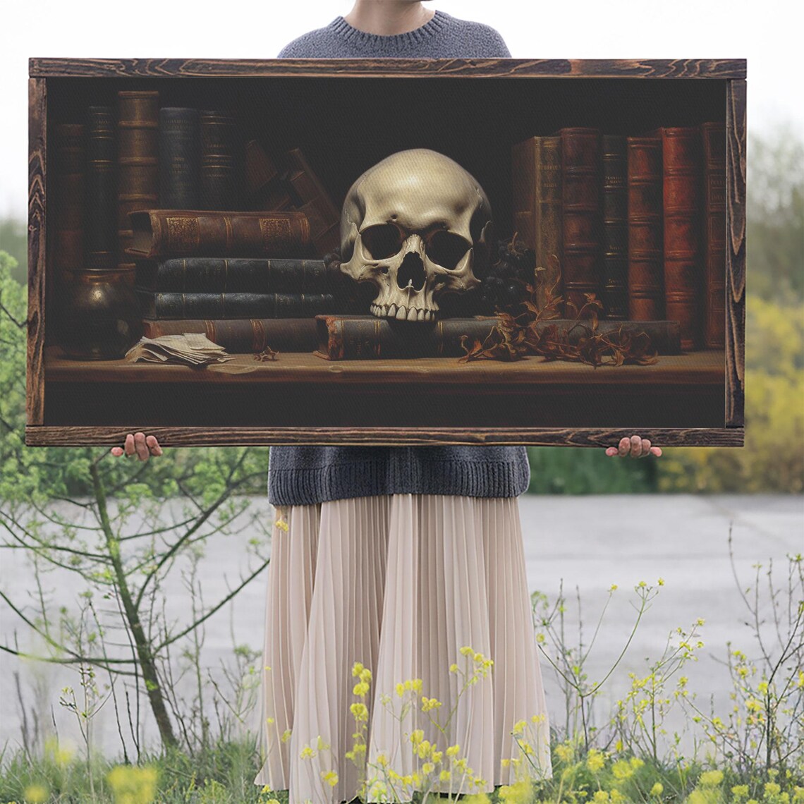 Human Skull On Bookshelf Among Old Books Dark Academia Poster - Image 2