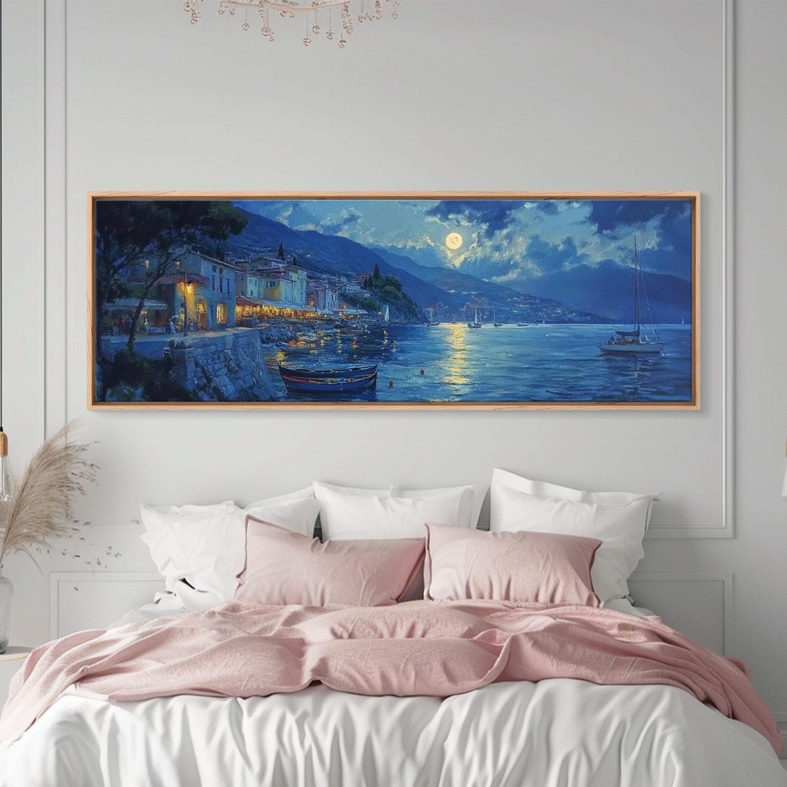 Fishing Village At Midnight Under Full Moon Harbor Night Poster - Image 3