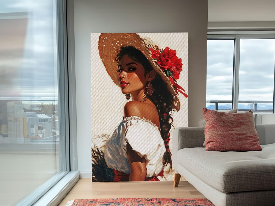 Mexican Woman Straw Hat Red Flowers Romantic Portrait Wall Art Poster - Image 6