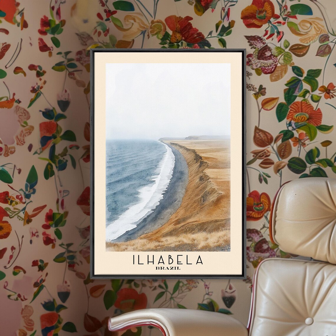 Ilhabela Brazil Curving Shoreline Golden Dunes Watercolor Poster - Image 2