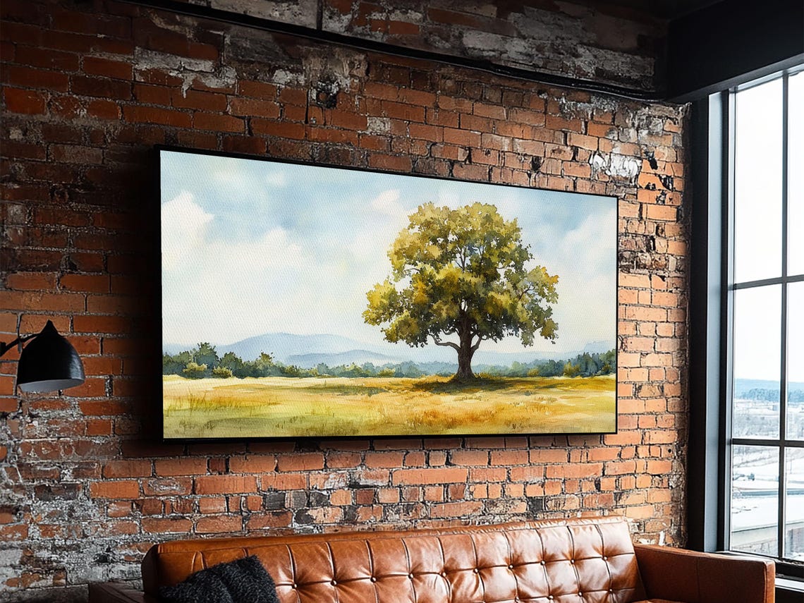 Lone Tree Golden Meadow Distant Mountains Watercolor Country Poster - Image 4