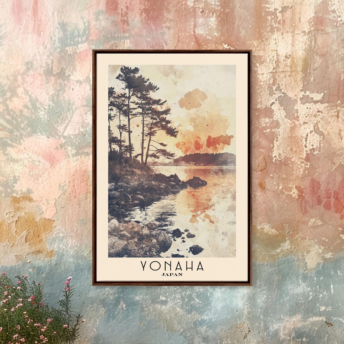 Yonaha Japan Rocky Shoreline Pine Trees Sunset Watercolor Poster - Image 4