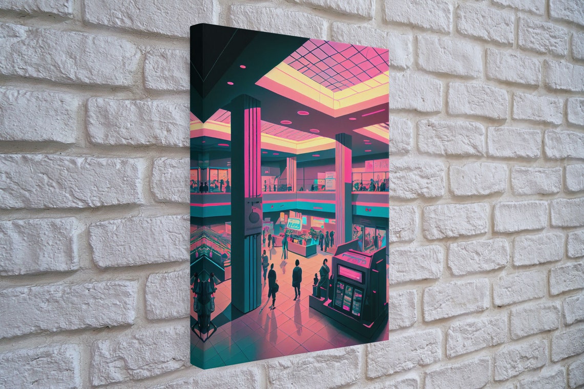 Retro 80s Mall Pink Teal Vaporwave Interior Neon Shopping Poster - Image 4