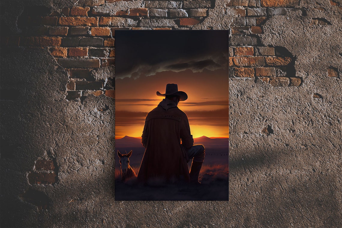 Cowboy And Horse Silhouette Sunset Western Desert Dusk Art Poster