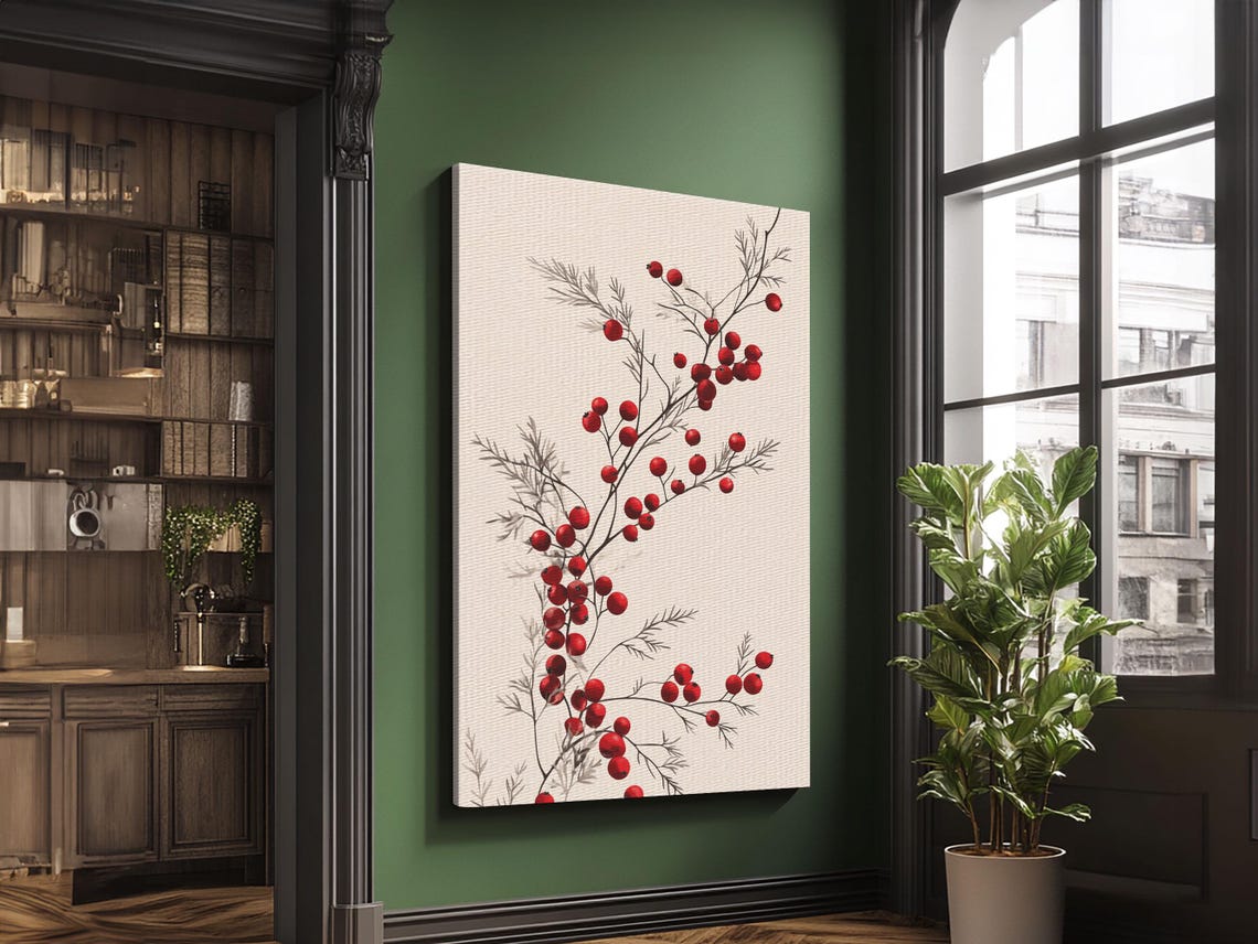 Holly Berries Branch Botanical Minimalist Christmas Wall Art Poster - Image 5