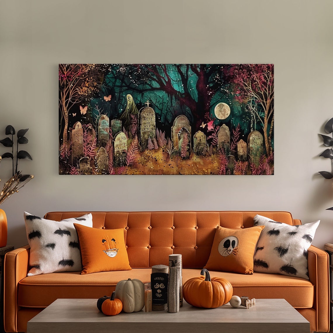 Colorful Haunted Graveyard At Night Spooky Season Halloween Art Print - Image 5